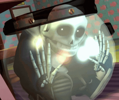 a skeleton wearing a helmet with a yellow circle on it