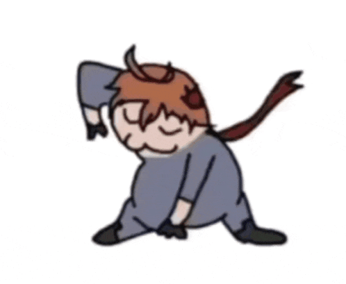 a cartoon of a person dancing with their hands in the air and a tail .