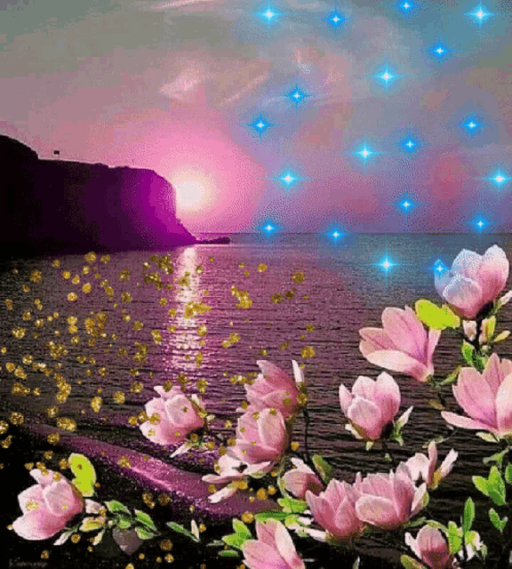 a picture of a sunset over the ocean with flowers in the foreground