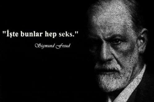 a black and white photo of sigmund freud with the words " iste bunlar hep seks " below him