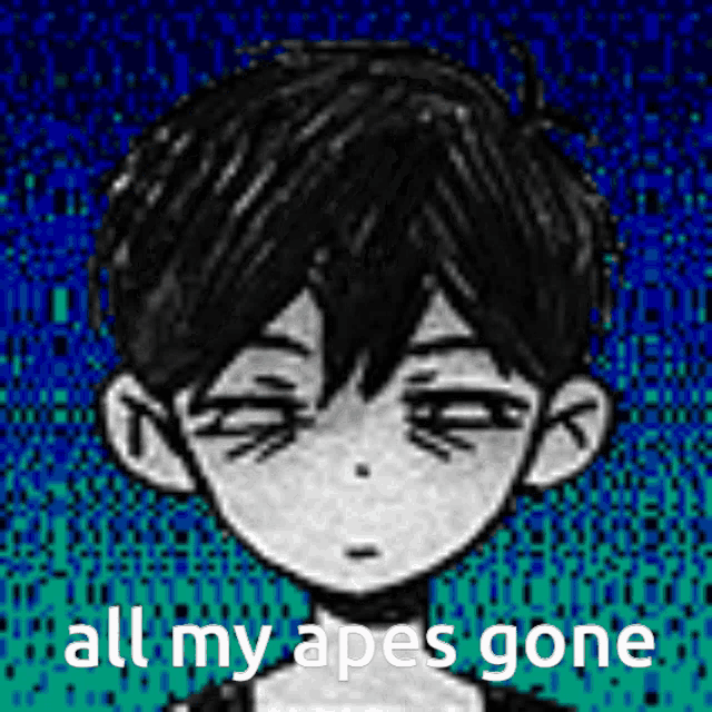 a black and white drawing of a boy with the words all my apes gone on the bottom