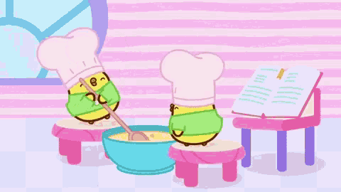 a cartoon of two chickens wearing chef hats