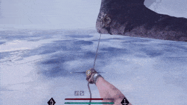a person is holding a sword in front of a giant foot