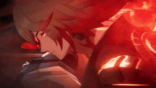 a close up of a person 's face with red hair and a sword .