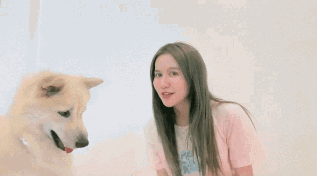 a woman in a pink shirt is playing with a dog in a room .