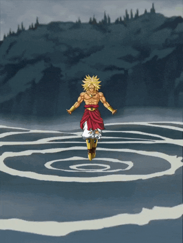 a cartoon of a man standing in a circle with a mountain in the background