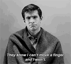 a black and white photo of a man with the words " they know i can 't move a finger "
