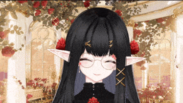 a girl with long black hair and glasses is smiling in front of roses