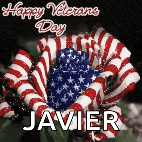 a happy veterans day javier card with an american flag in the center