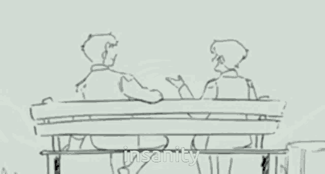 a drawing of two people sitting on a bench talking to each other .