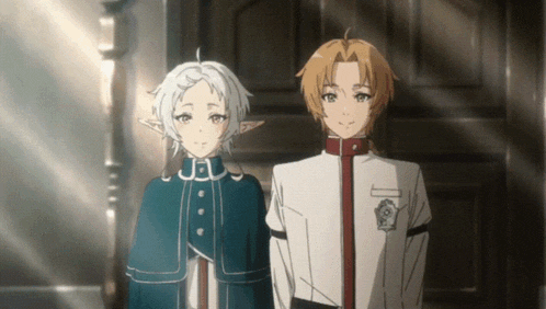 a boy and a girl are standing next to each other in front of a door