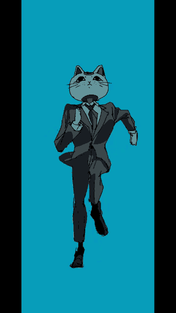 a cat wearing a suit and tie is running on a blue background