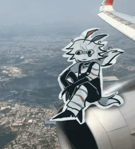 a sticker of a person sitting on the wing of a plane