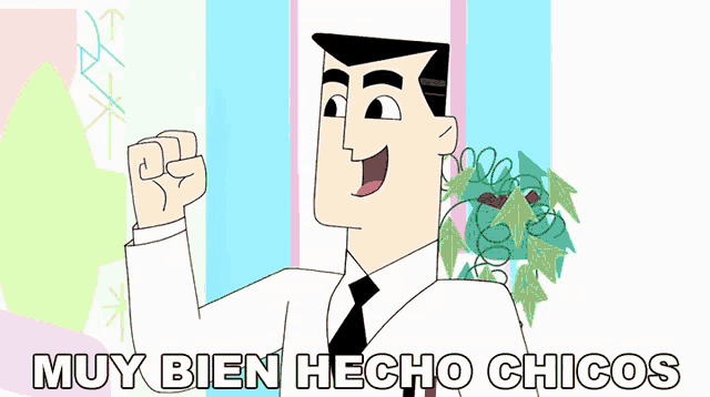 a cartoon of a man with the words muy bien hecho chicos