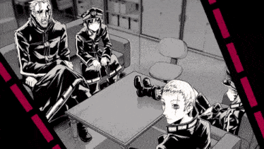a group of people are sitting around a table in a black and white drawing