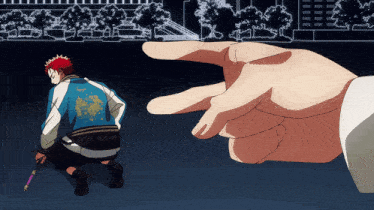 a man in a blue jacket is being pointed at by a large hand