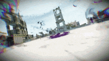 a blurry picture of a city with a purple object in the foreground