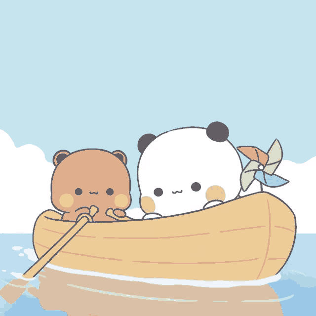 a cartoon of two bears in a boat with a pinwheel
