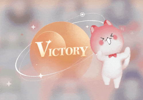 a cat with a bow tie is standing in front of a sign that says victory