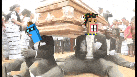 a video of a man carrying a coffin with a cartoon face on it