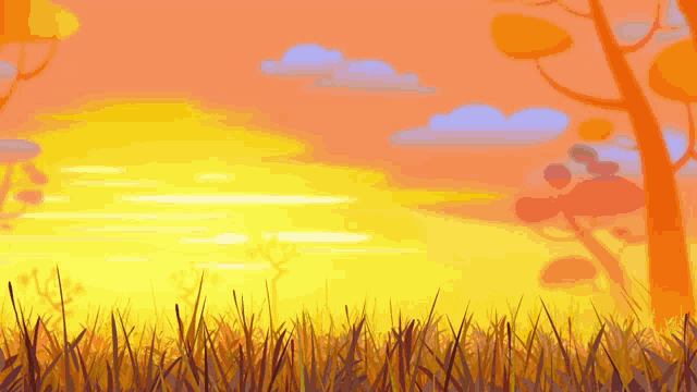 a cartoon of a hat sitting in the grass at sunset
