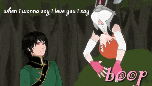 a cartoon of a boy and a girl with the words " when i wanna say i love you i say "