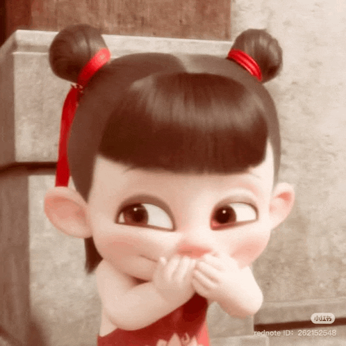 a close up of a cartoon character covering her mouth