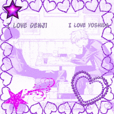 a picture of two men sitting at a table that says i love denji