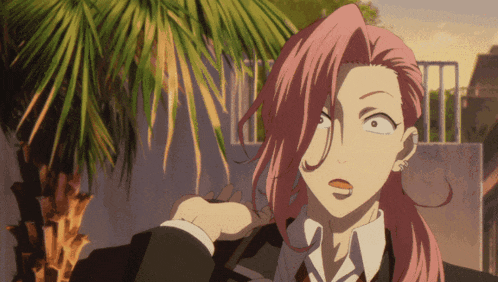 a cartoon character with pink hair and a surprised look on her face
