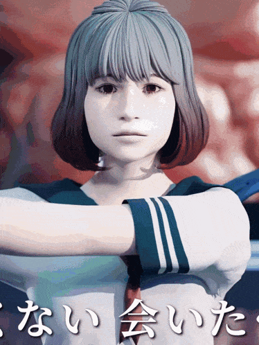 a girl in a school uniform is standing with her arms crossed in front of chinese writing