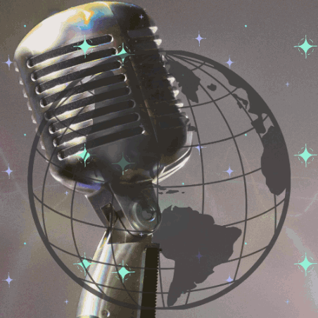 a microphone is surrounded by a globe with stars on it