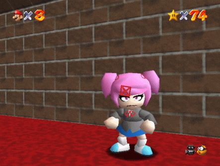 a video game with a girl standing in front of a brick wall with a star on it