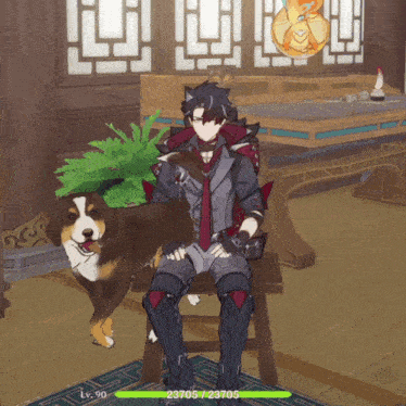 a video game character with a dog and a lv 90