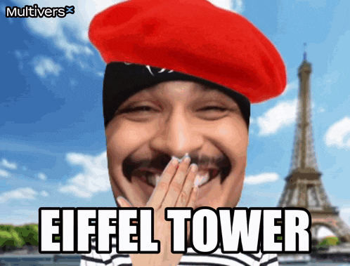a man wearing a red beret is laughing with the words eiffel tower below him