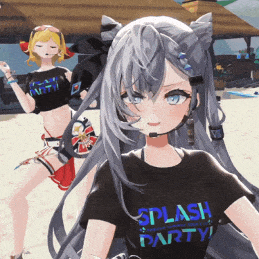 a girl wearing a splash party shirt stands next to another girl