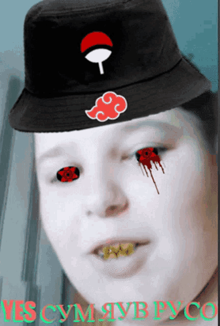a person wearing a bucket hat with a cloud on it