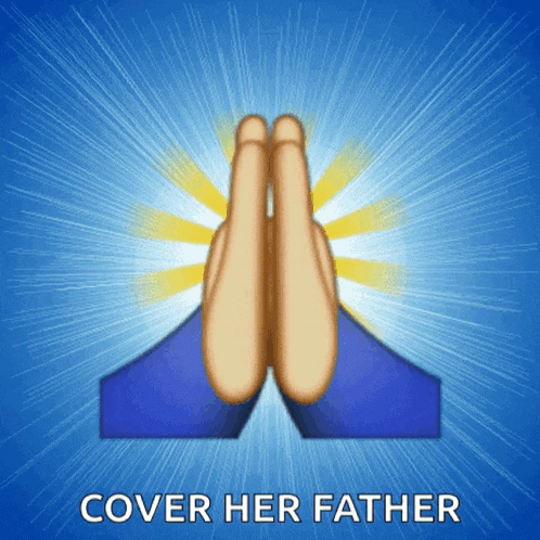 a blue background with a praying hand and the words cover her father below it