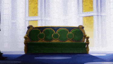 a green and gold couch with circles on the back sits in a room