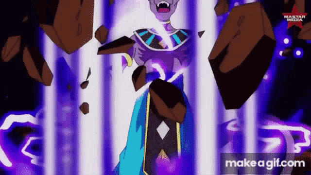 a cartoon character is standing in front of a purple background and a purple light coming out of his mouth .