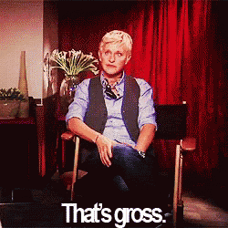 a woman sitting in a chair with the words that 's gross