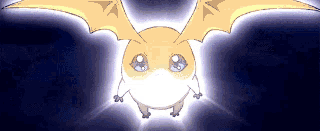 a cartoon character with wings is flying in the dark .