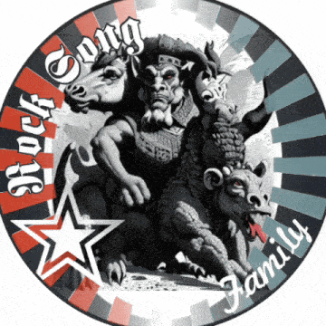 a circle with a statue of a monster and the words rock song family