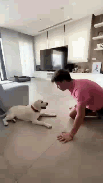 a man is kneeling on the floor playing with a dog .