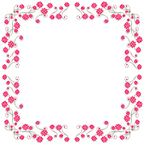 a square frame with pink flowers and silver swirls