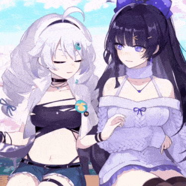two anime girls sitting next to each other with one wearing a sweater