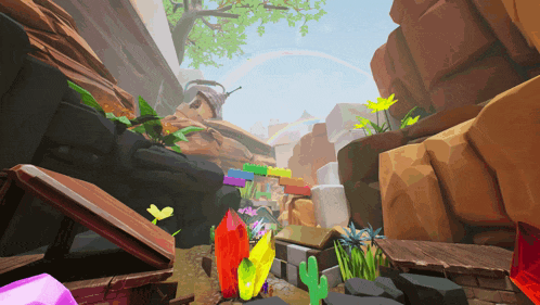 a cartoon scene with a rainbow in the background