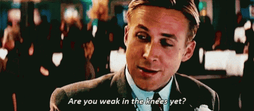 a man in a suit and tie is asking if he is weak in his knees yet
