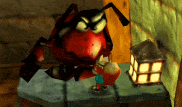 a cartoon character is standing next to a lantern