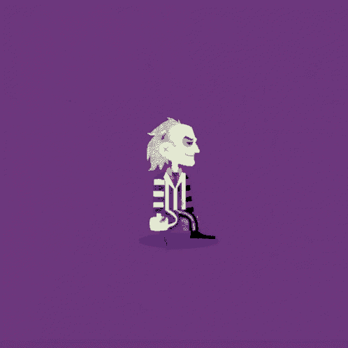 a cartoon character with a purple background and the letter m on his chest