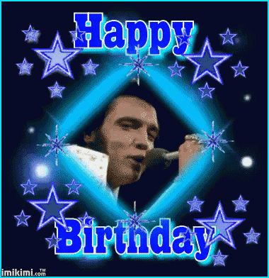 a picture of elvis presley singing into a microphone with the words happy birthday in the background